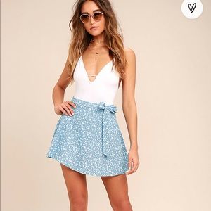 Put a Record On Light Blue Floral Print Wrap Skirt